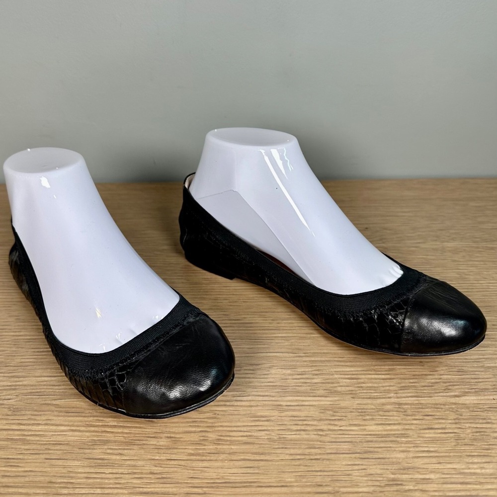Vince Camuto Black Leather Croc Embossed Cap Toe Ballet Flats Shoes 7M